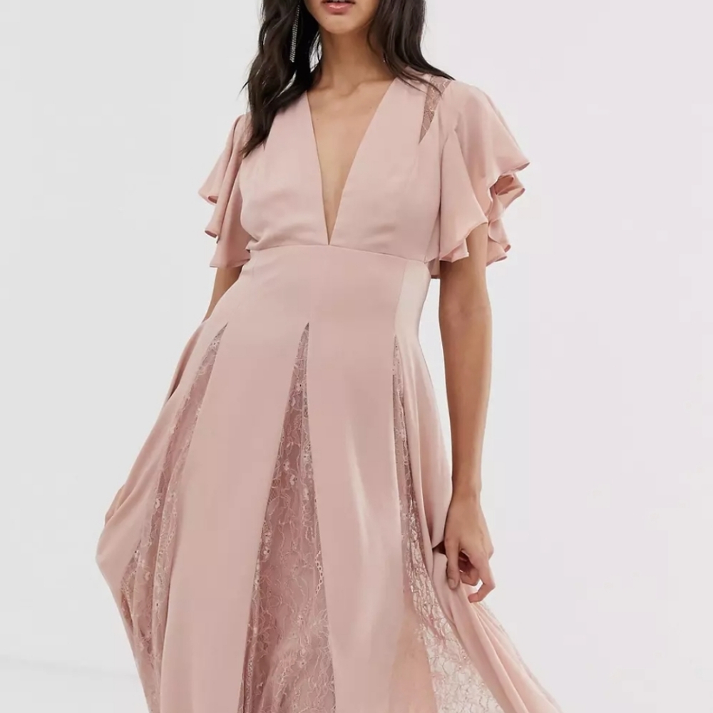 Asos Dress Midi Dress with Lace Godet Panels, Sz 14